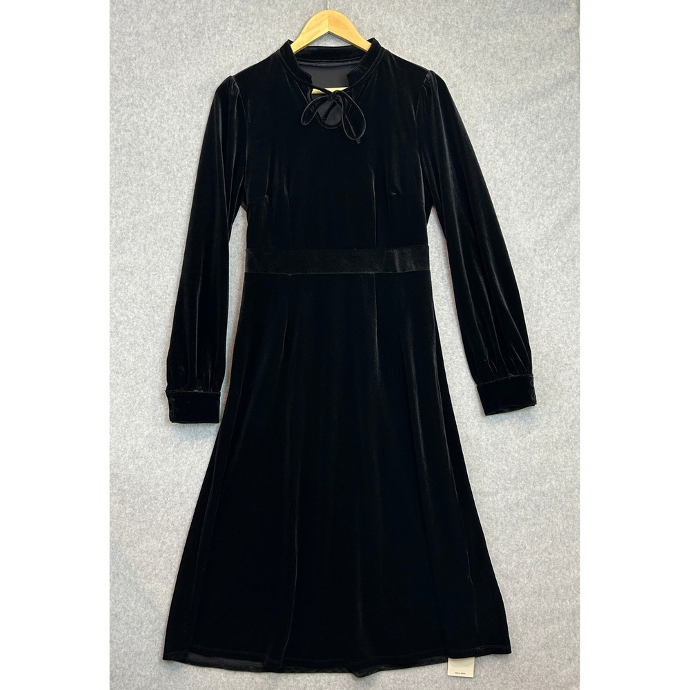 Halara Velvet Long Sleeve Tie Neck Midi Dress Black Gothic Witchy Sz Medium NWT
